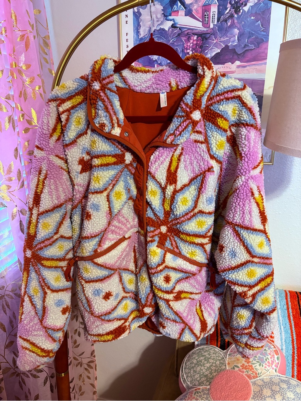 Free People Cozy Floral Sherpa Jacket in Pastel Multi